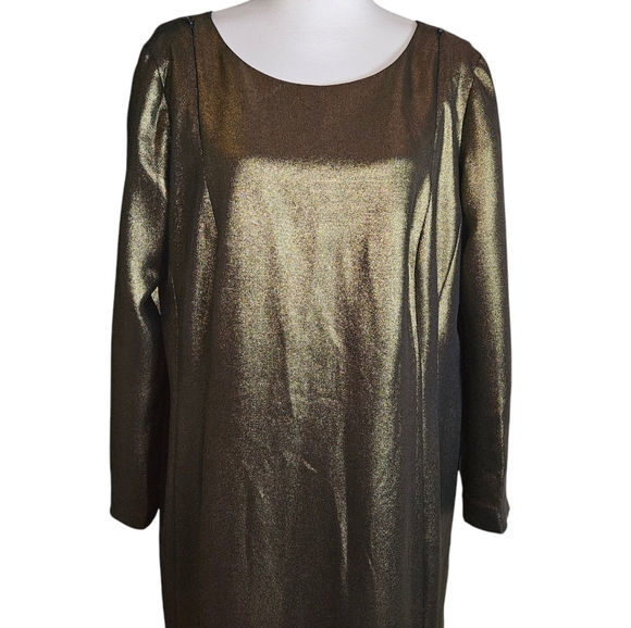 Akris Gold Metallic 100% Mulberry Silk Sheath Dress Sz 16 Evening Party Wedding - Picture 2 of 16